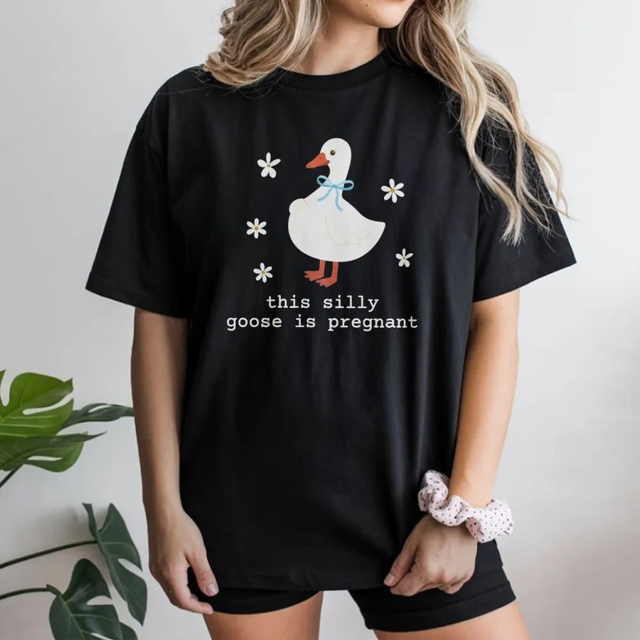 Pregnant Goose Graphic T-Shirt | Silly Goose Floral Design | Premium Soft Cotton | Funny Pregnancy Announcement Gift for Her