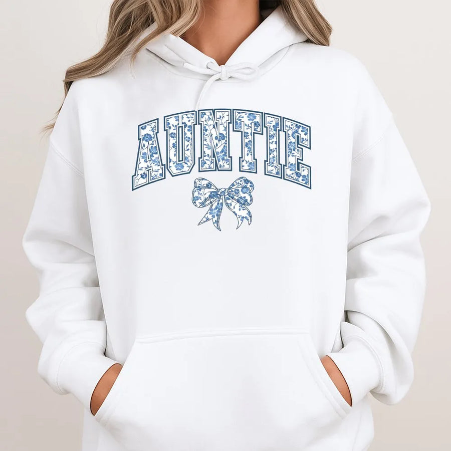 Auntie Hoodie | Blue Floral Collegiate Graphic with Bow | Premium Cotton Blend | Gift for New Aunt, Pregnancy Announcement