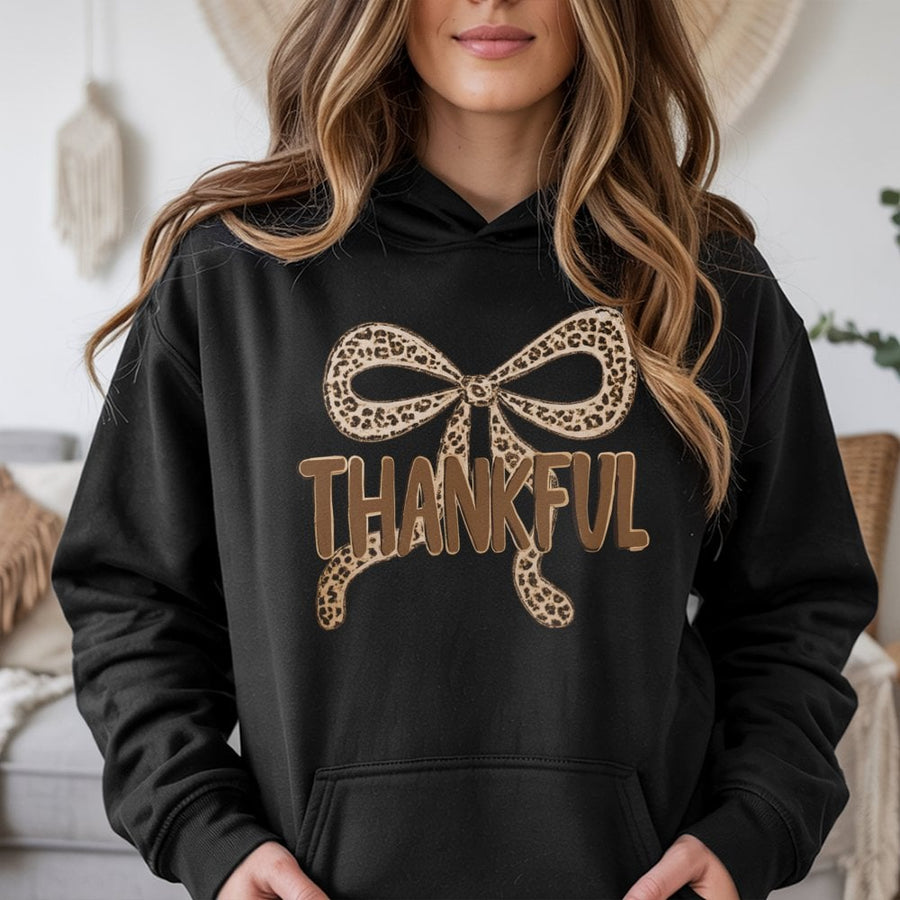 Thankful Leopard Bow Hoodie | Trendy Fall Graphic Sweatshirt | Premium Cotton Blend | Cozy Thanksgiving Gift for Women and Teens