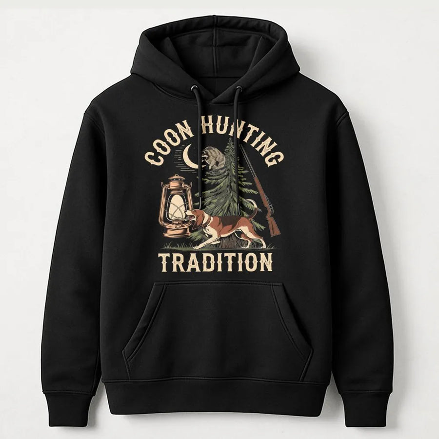 Coon Hunting Hoodie | Vintage Dog and Lantern Graphic | Premium Cotton Blend | Gift for Hunters and Outdoorsmen