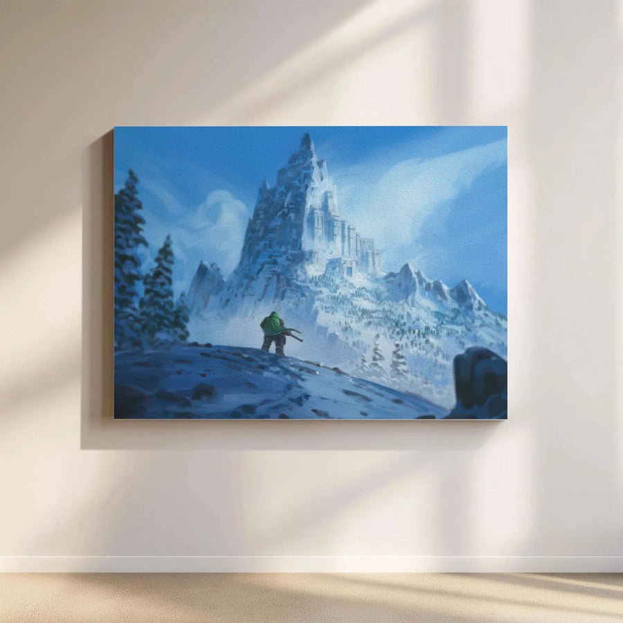 Fantasy Mountain Fortress Canvas Print | Lone Traveler Snowy Landscape Art | Premium Gallery Wrap Wall Decor | Gift for RPG Gamer & Fantasy Fans