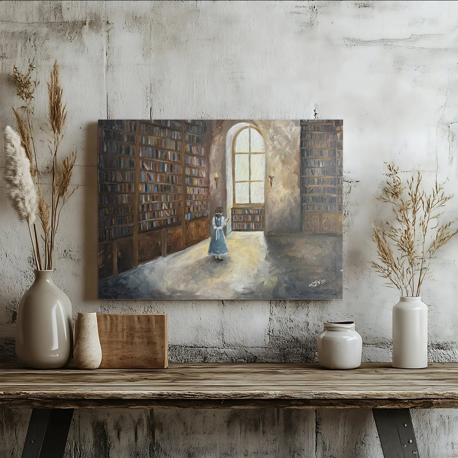 Old Library Canvas Wall Art | Woman Reading in Sunlit Bookcase | Premium Gallery Wrapped Print | Academic Dark Academia Decor for Home Office