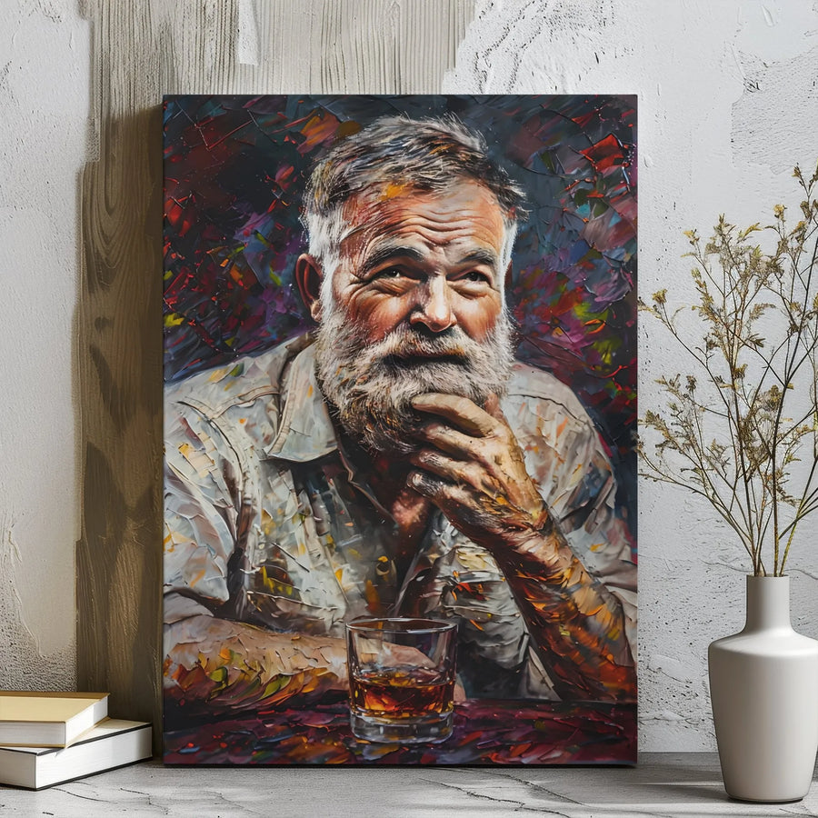 Old Man With Whiskey Canvas Wall Art | Impasto Oil Painting Style | Premium Gallery Wrap Print | Man Cave Decor Gift For Him