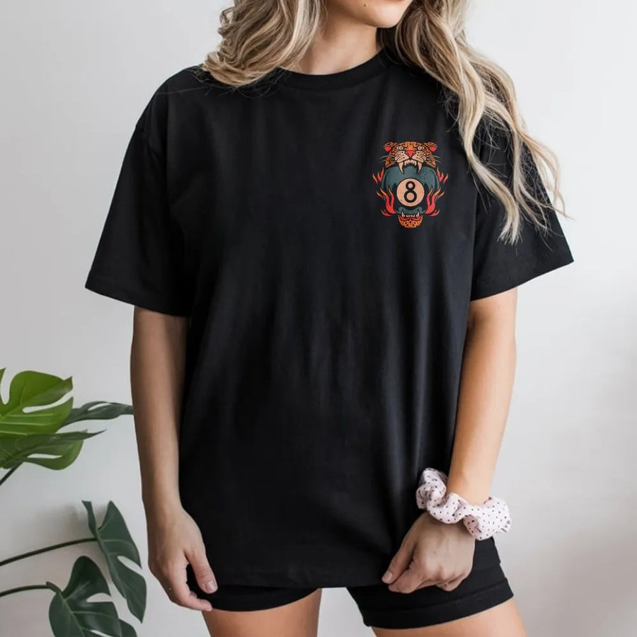 Tiger 8 Ball T-Shirt | Vintage Traditional Tattoo Style | Soft Unisex Crewneck | Collector's Gift for Pool Player