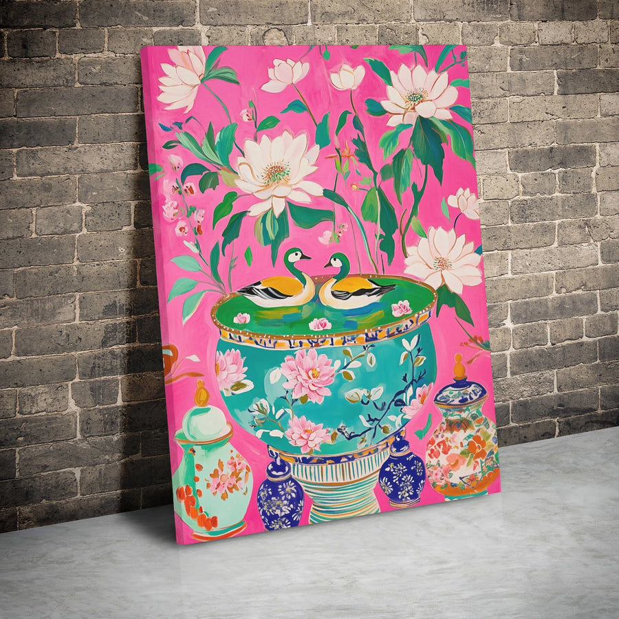 Chinoiserie Canvas Wall Art | Mandarin Ducks & Lotus Flower Decor | 1.25 Inch Gallery Wrap | Elegant Home & Office Gift
