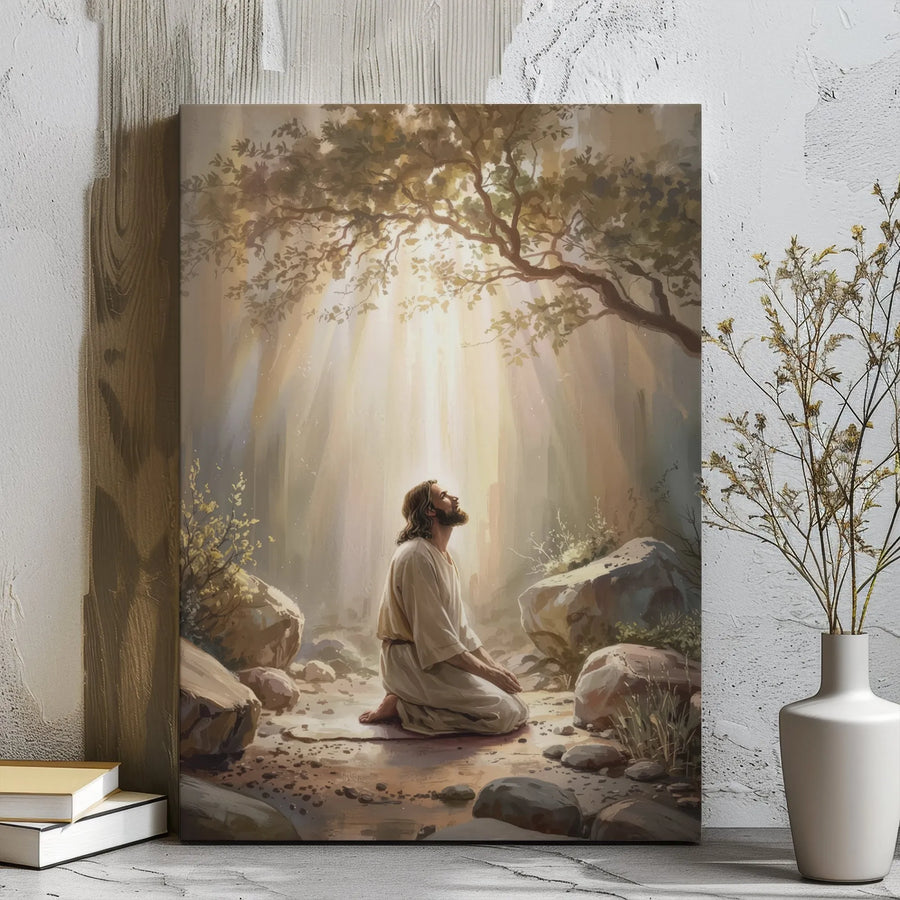 Jesus Praying Canvas Print | Divine Light Gethsemane Scene | Premium 1.25-inch Gallery Wrap | Christian Home Decor & Religious Gift