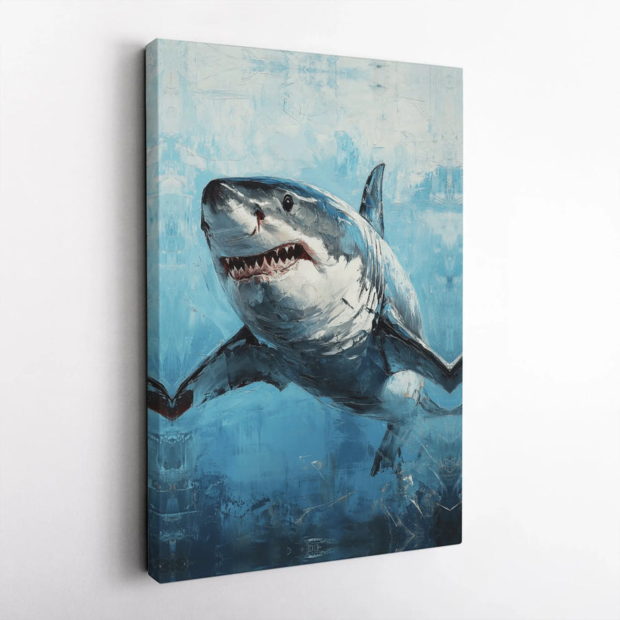 Great White Shark Canvas Wall Art | Abstract Ocean Predator Oil Painting Style | Premium 1.25" Gallery Wrap | Marine Life Home Decor Gift