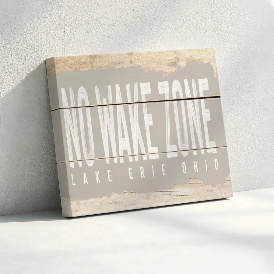 No Wake Zone Canvas Wall Art | Rustic Lake Erie Ohio Wood Look Sign | Premium Stretched Canvas | Lake House Decor Boater Gift