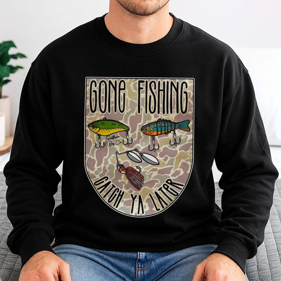 Gone Fishing Sweatshirt | Camo Bass Lure Graphic | Premium Cotton Blend Crewneck | Outdoorsman Gift for Fisherman