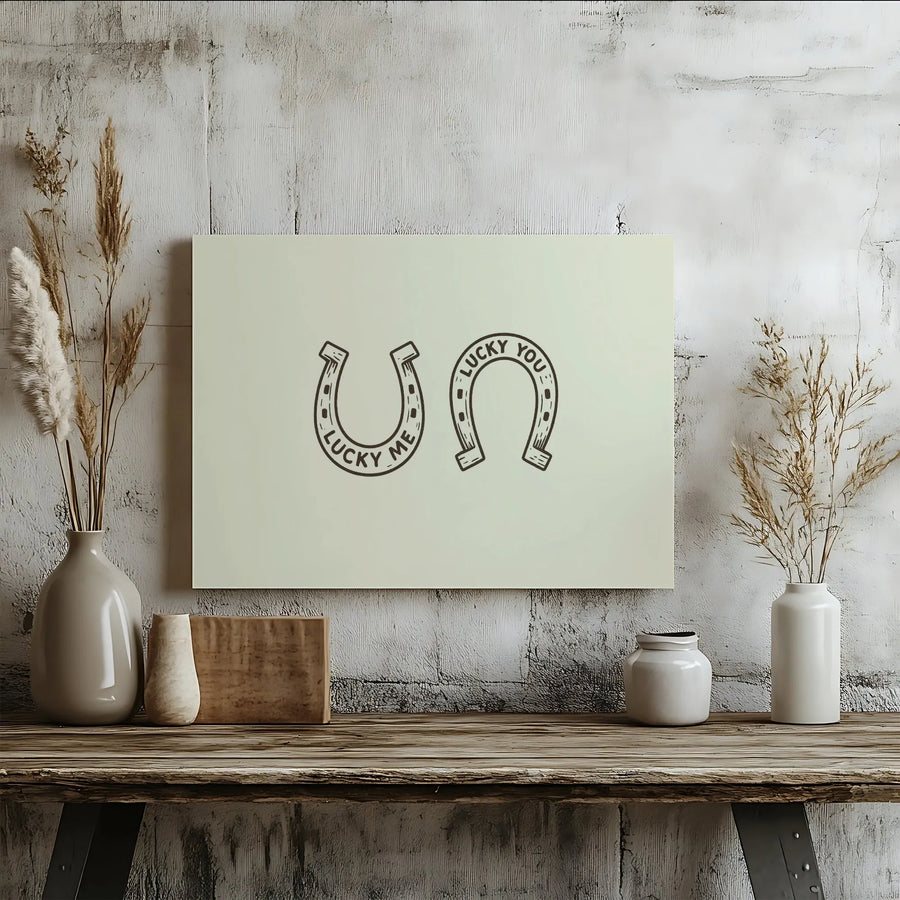 Lucky Me Lucky You Horseshoe Canvas Wall Art | Minimalist Line Drawing | Premium Gallery Wrap Decor | Inspirational Housewarming Gift for Couples