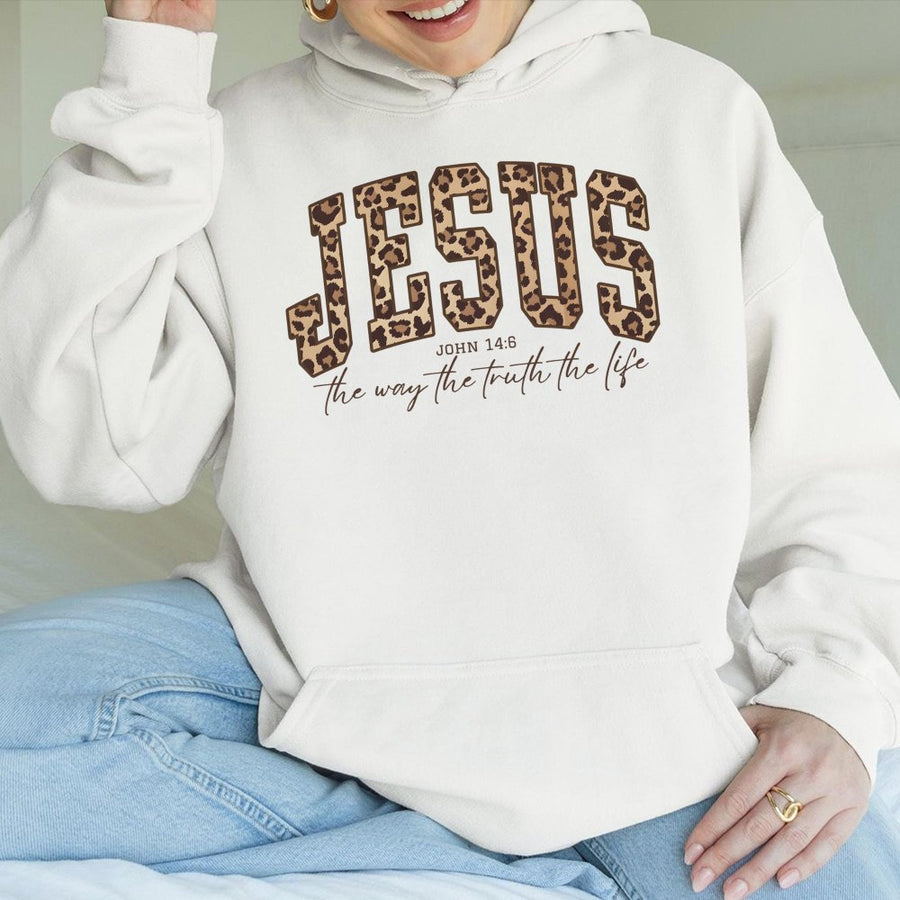 Jesus Hoodie | Leopard Print Bible Verse John 14:6 Graphic | Soft Cotton-Blend Premium Apparel | Faith-Based Christian Gift for Men and Women