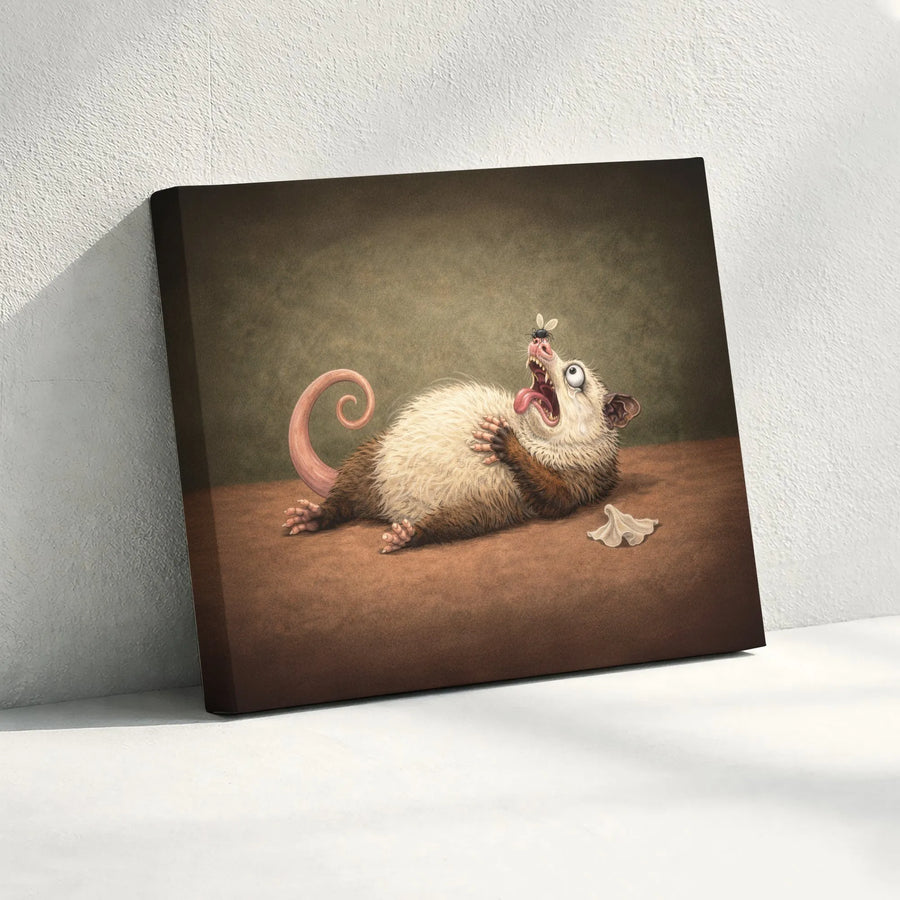 Funny Opossum Wall Art Canvas Print | Humorous Playing Dead Possum Painting | Premium Gallery Wrap | Unique Quirky Home Decor Gift for Animal Lover