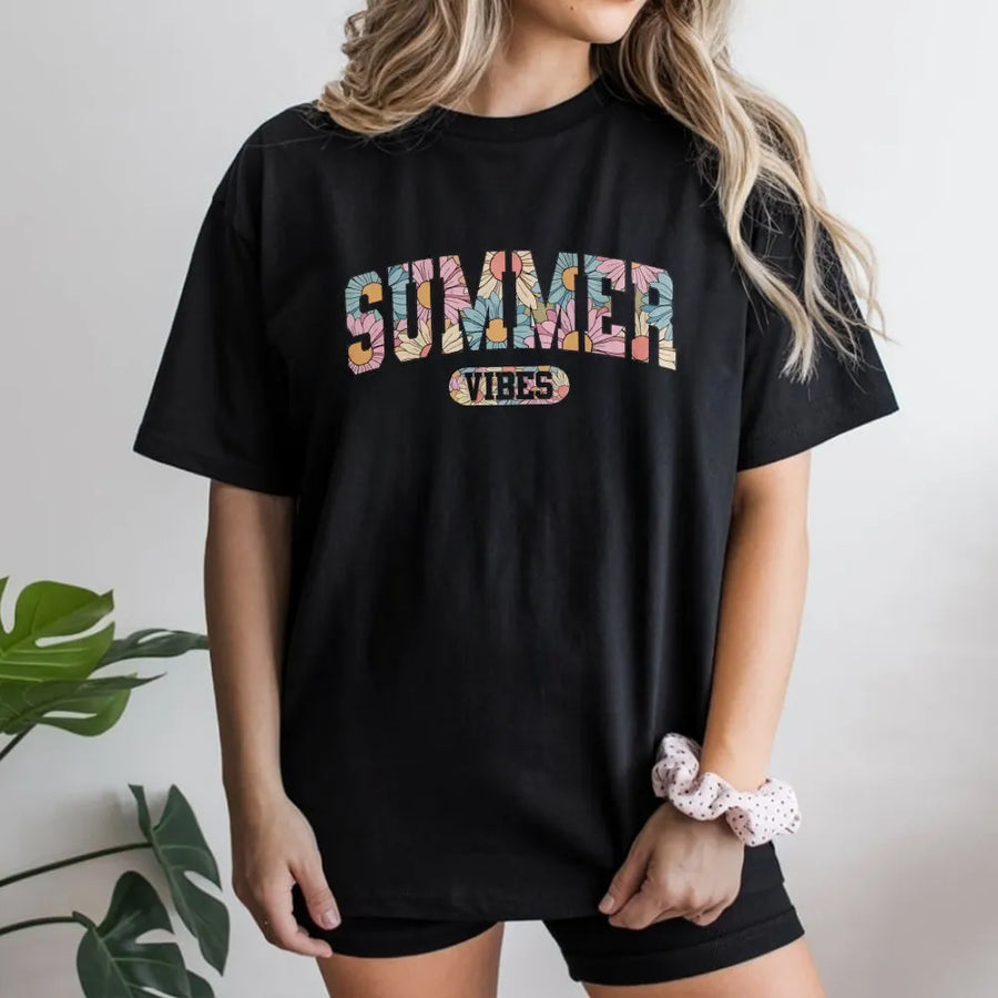 Summer Vibes T-Shirt | Retro Boho Floral Graphic Pullover | Soft Cotton Blend | Cute Beach Vacation Gift for Women