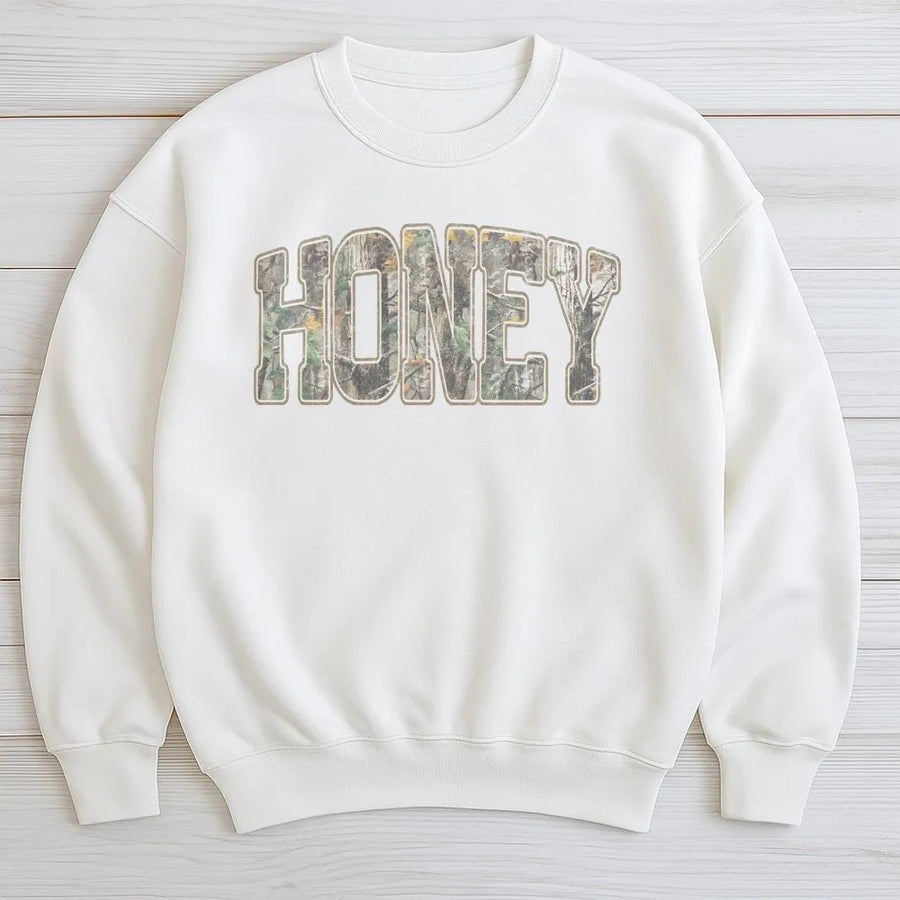 Honey Camo Sweatshirt | Retro Western Graphic Pullover | Soft Cotton Blend | Unique Country Girl Gift, Southern Apparel