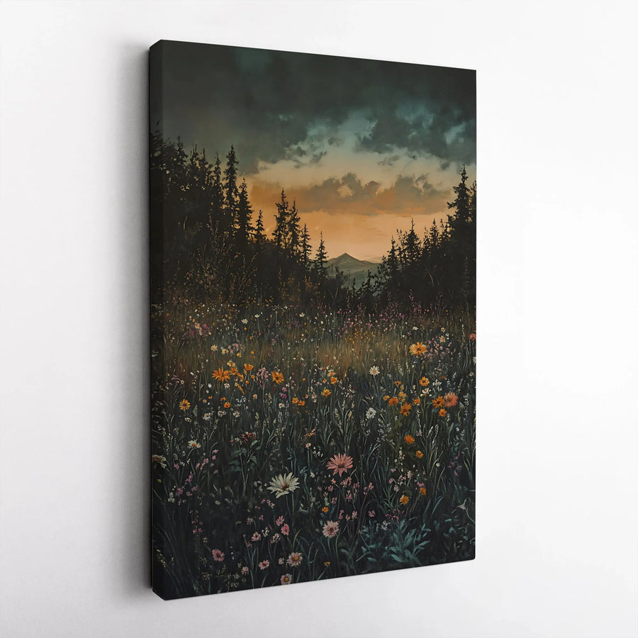 Moody Wildflower Meadow Canvas Print | Forest Mountain Sunset Wall Art | Premium 1.25-Inch Gallery Wrap | Nature-Inspired Home Decor Gift