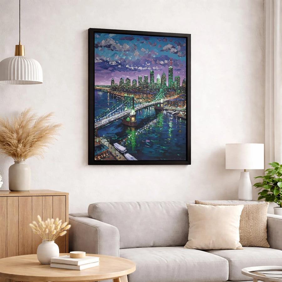 NYC Skyline Canvas Wall Art | Impressionist City Bridge Nightscape | Premium Fade-Resistant Gallery Wrap | Modern Home Office Decor Gift