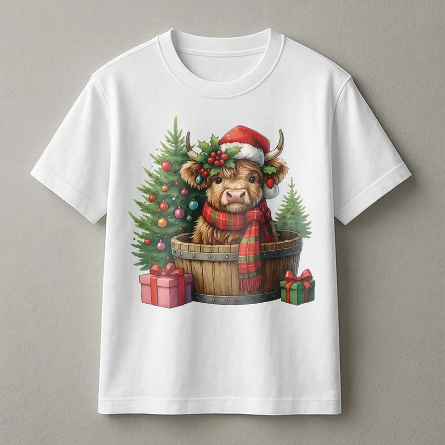 Highland Cow Christmas T-Shirt | Festive Baby Cow in Santa Hat Design | Premium Soft Cotton Tee | Cute Holiday Gift for Animal Lovers