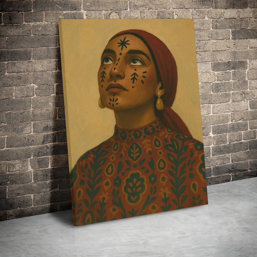 Boho Portrait Canvas Art | Woman With Traditional Face Tattoos | Premium Gallery Wrapped Print | Ethnic Wall Decor for Living Room