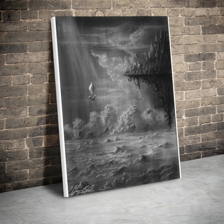 Fantasy Journey Canvas Art | Surreal Ship on a Cloud Sea Print | Premium Black & White Sketch Wall Decor | Gift for Fantasy Book Lover