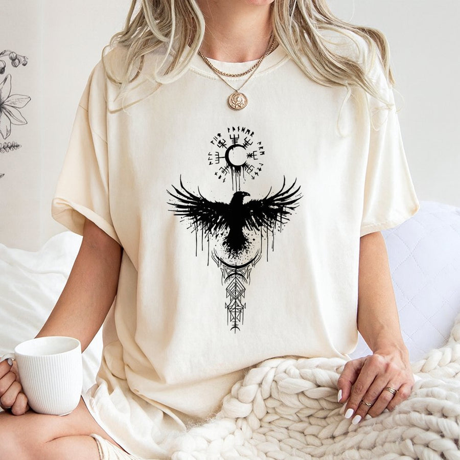Viking Raven T-Shirt | Norse Mythology Vegvisir Compass Design | 100% Premium Cotton | Spiritual Pagan Symbol Gift For Men Women