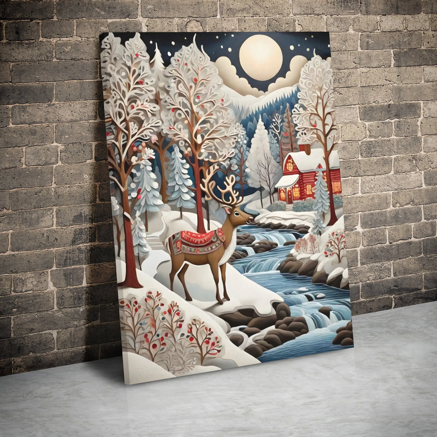 Winter Reindeer Canvas Wall Art | Snowy Forest Cabin Landscape | Premium Gallery Wrap Decor | Holiday Living Room Gift