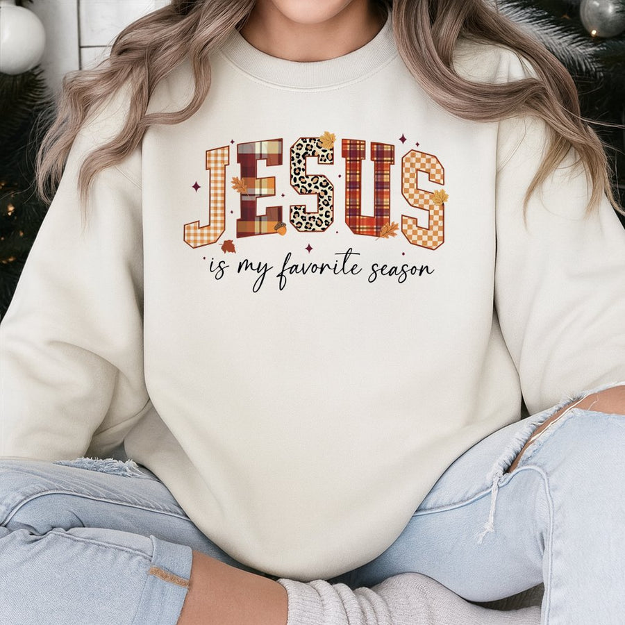 Jesus Is My Favorite Season Sweatshirt | Plaid Leopard Fall Aesthetic Print | Premium Cotton Blend Crewneck | Christian Faith Gift for Women