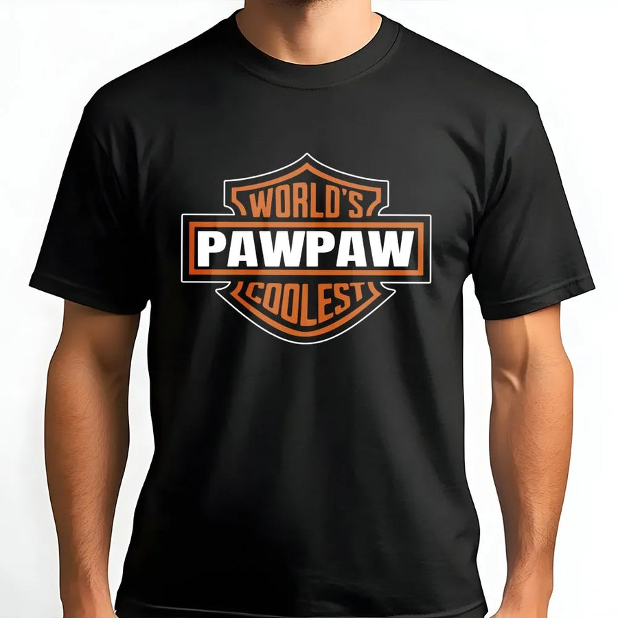 Worlds Coolest Pawpaw T-Shirt | Biker Shield Graphic Design | Premium Cotton Tee | Father's Day 2026 Gift for Grandpa or Motorcycle Loving Dad