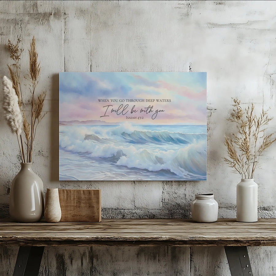 Isaiah 43:2 Canvas Wall Art | Ocean Waves Scripture Print | Premium Gallery Wrap | Christian Home Decor Inspirational Gift