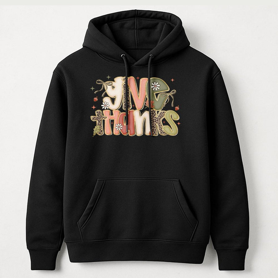 Give Thanks Hoodie | Preppy Leopard Print Coquette Bow Design | Premium Soft Cotton Blend | Fall Thanksgiving Gift For Women