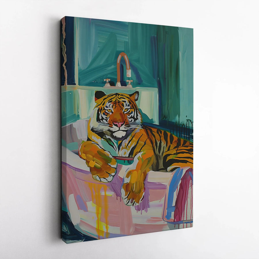 Tiger In A Bathtub Canvas Wall Art | Vibrant Animal Portrait | Gallery-Quality Premium Print | Quirky Home Decor Gift For Animal Lovers