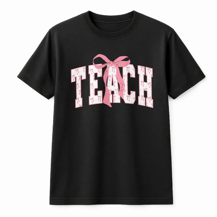 Teach T-Shirt | Coquette Bow Graphic Varsity Font | Premium Soft Cotton Tee | Cute Teacher Appreciation Gift For Women & Educators