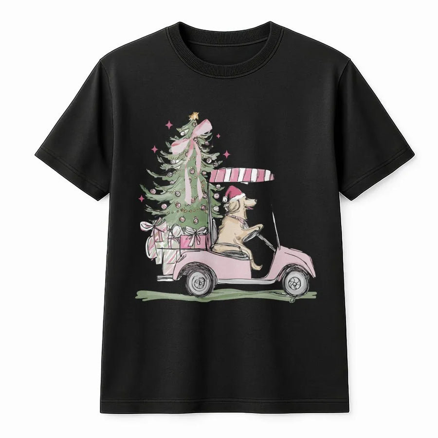 Christmas Golden Retriever T-Shirt | Golf Cart Holiday Graphic | Premium Soft Cotton | Funny Dog Lover Gift for Christmas Party