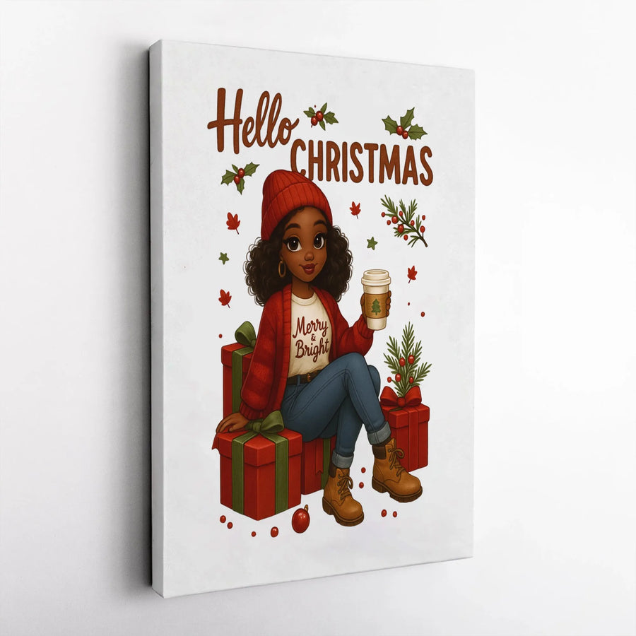 Hello Christmas Wall Art | Cute Black Girl With Coffee & Gifts | Premium Gallery Wrap Canvas | Festive Holiday Home Decor Gift