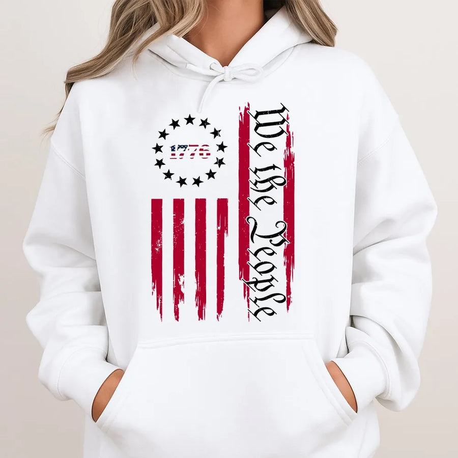 We The People 1776 Hoodie | Vintage Distressed Vertical USA Flag | Premium Cotton Blend | Patriotic 4th of July Gift for Men
