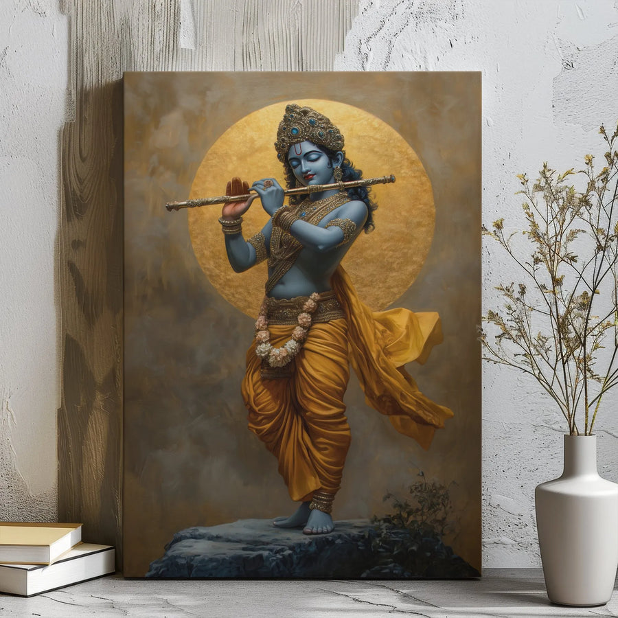 Lord Krishna Wall Art Canvas | Divine Flute Player Design | Premium Gallery-Wrapped Print | Spiritual Home Decor Gift for Devotees