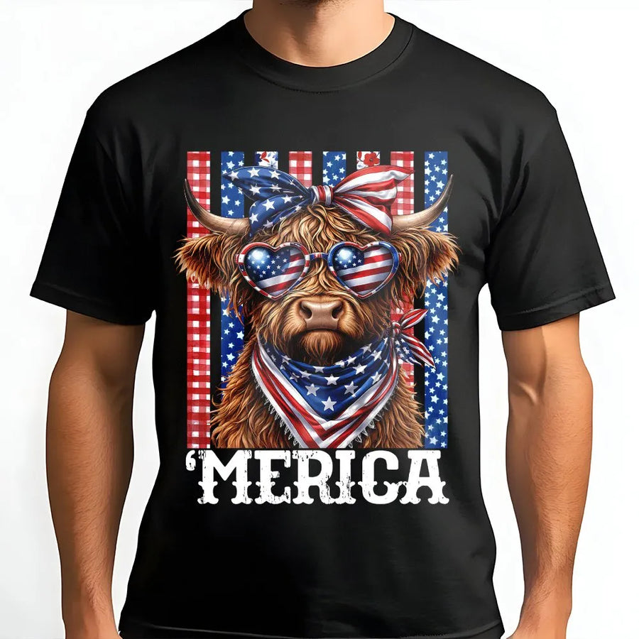 Highland Cow 4th of July T-Shirt | Funny Merica Cow with Flag Glasses | Soft Cotton Tee | Independence Day Patriotic Gift for Men Women