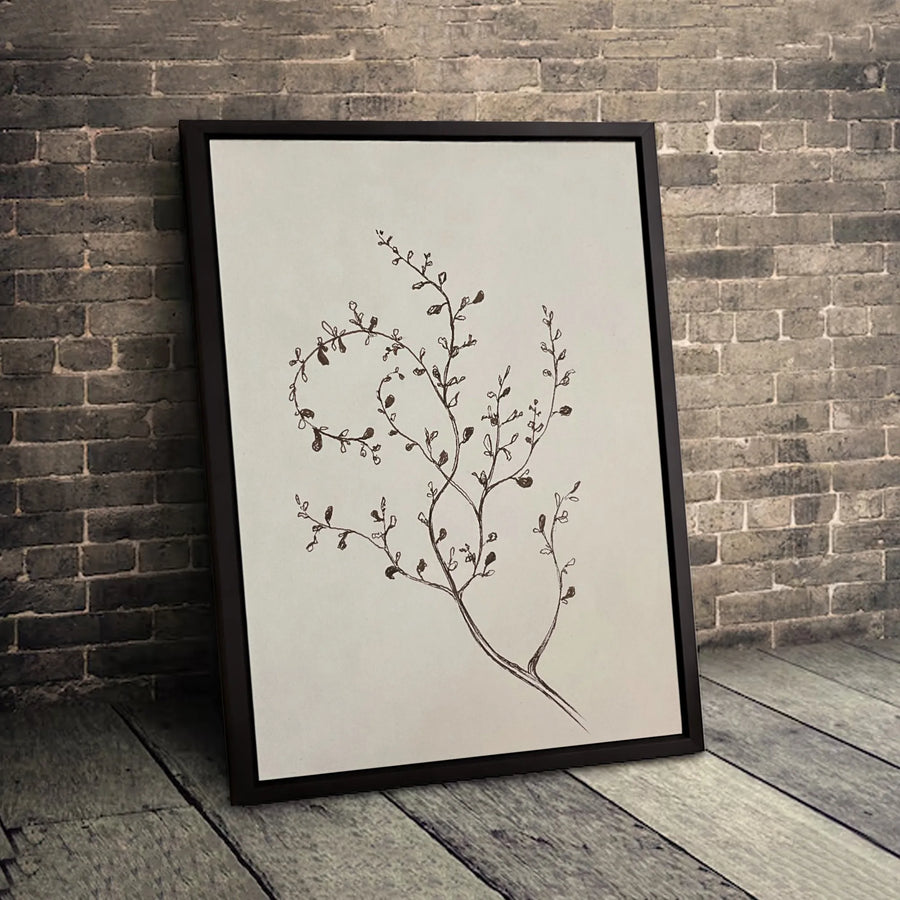 Minimalist Botanical Wall Art | Fine Line Leafy Sprig Sketch | Gallery Quality Premium Canvas | Neutral Home Decor Gift