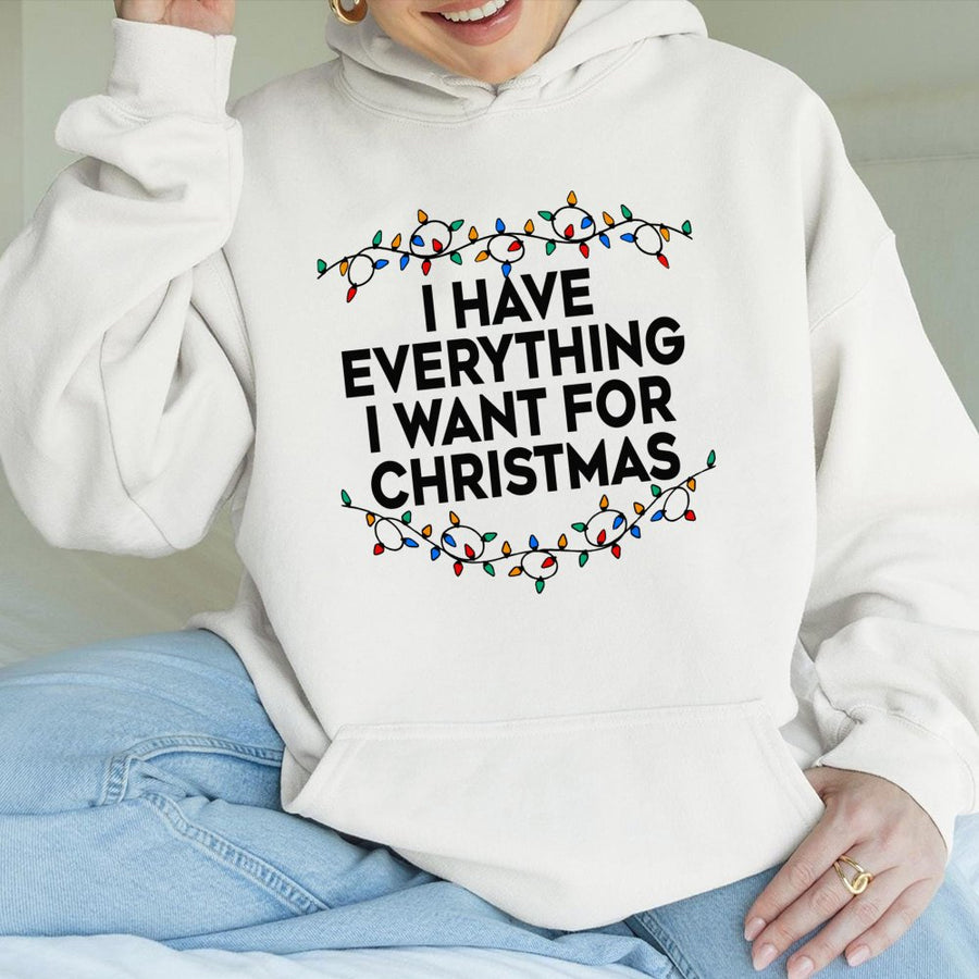 I Have Everything I Want For Christmas Hoodie | Festive Holiday Lights Graphic | Soft Cotton-Polyester Blend | Funny Couple Matching Gift