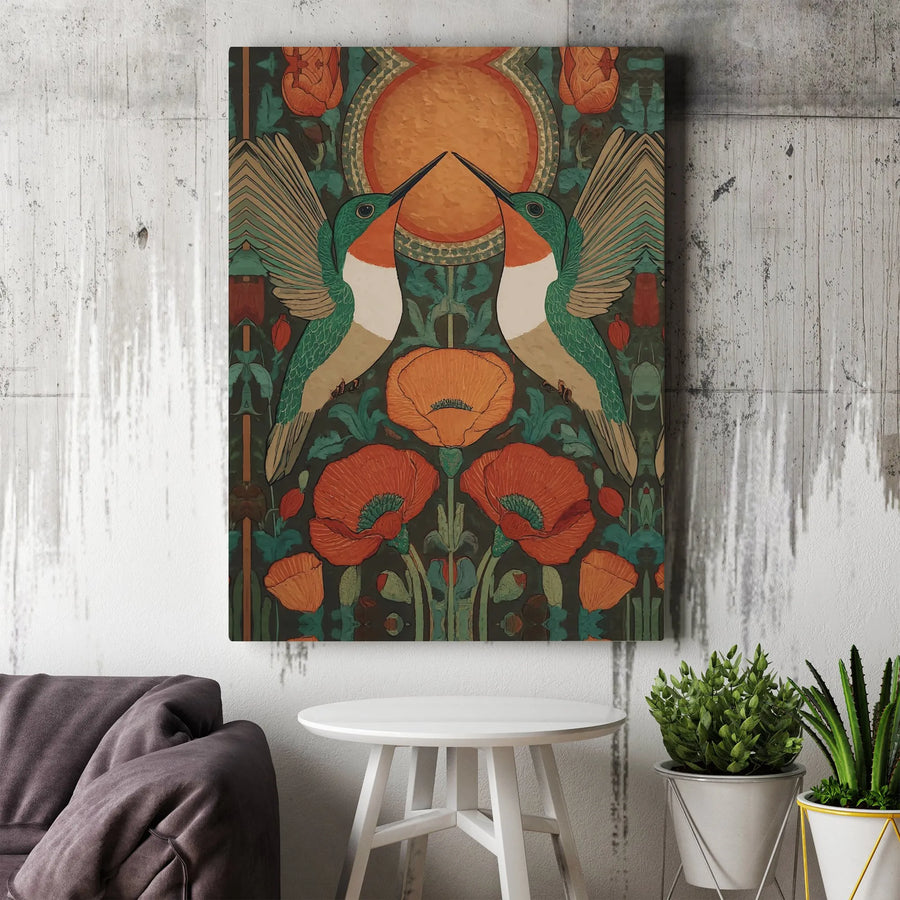 Hummingbird Art Nouveau Canvas | Floral Poppy Garden Illustration | Premium Fade-Resistant Wall Decor | Gift for Bird Lovers & Nature Enthusiasts