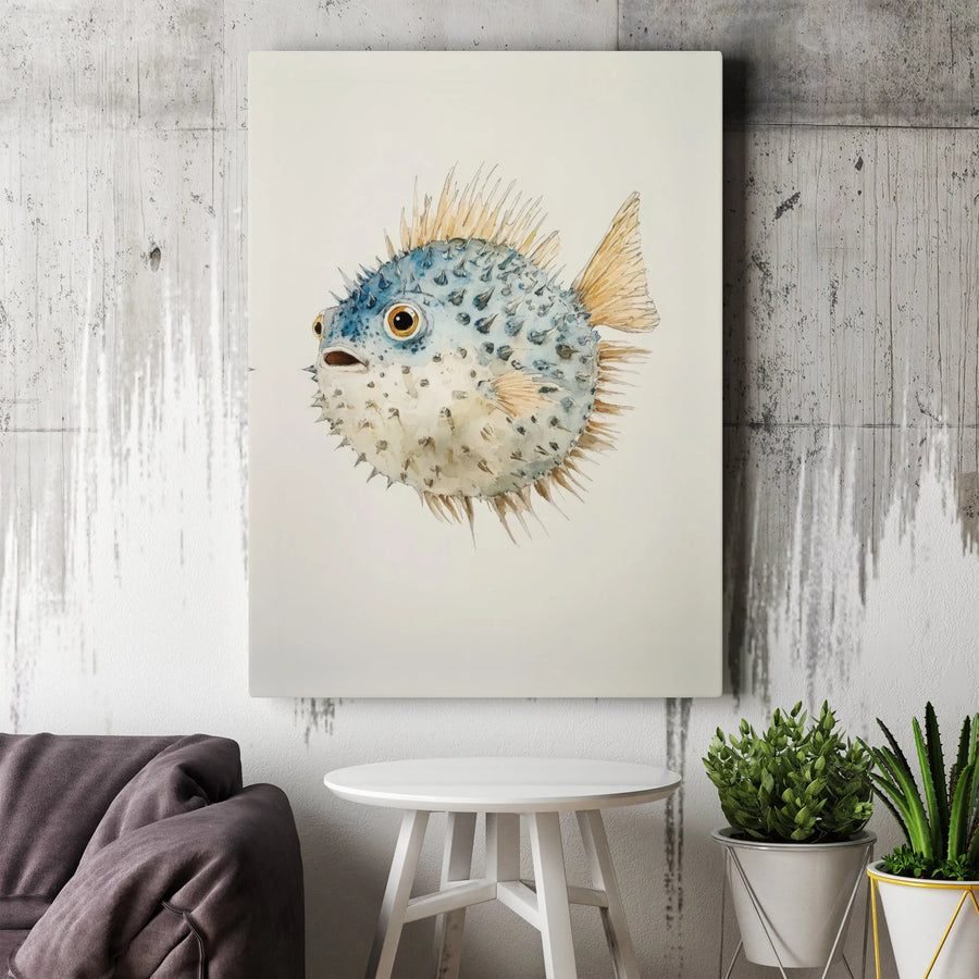 Pufferfish Watercolor Wall Art Canvas | Nautical Sea Life Decor | Premium Gallery Wrap Print | Coastal Bathroom Or Nursery Gift