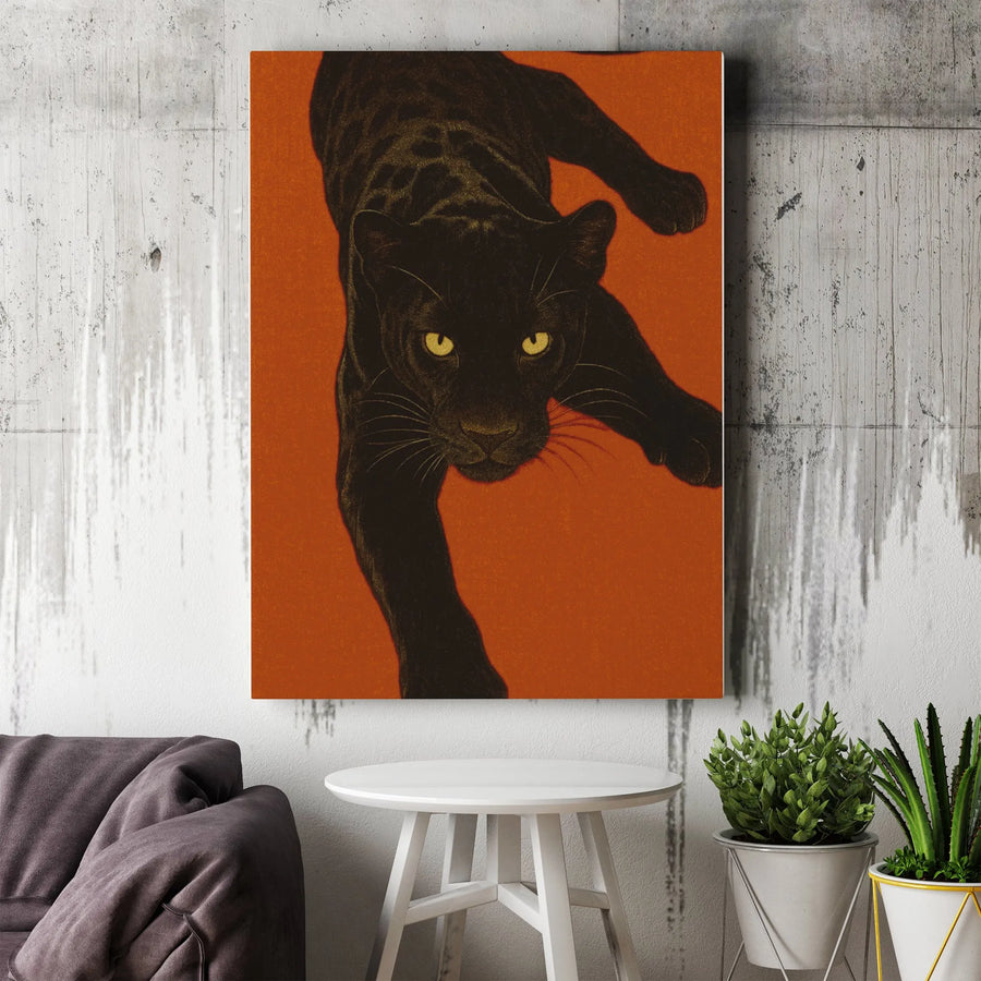 Black Panther Wall Art | Mid-Century Modern Animal Illustration | Premium Fade-Resistant Canvas | Bold Orange Home Decor Gift