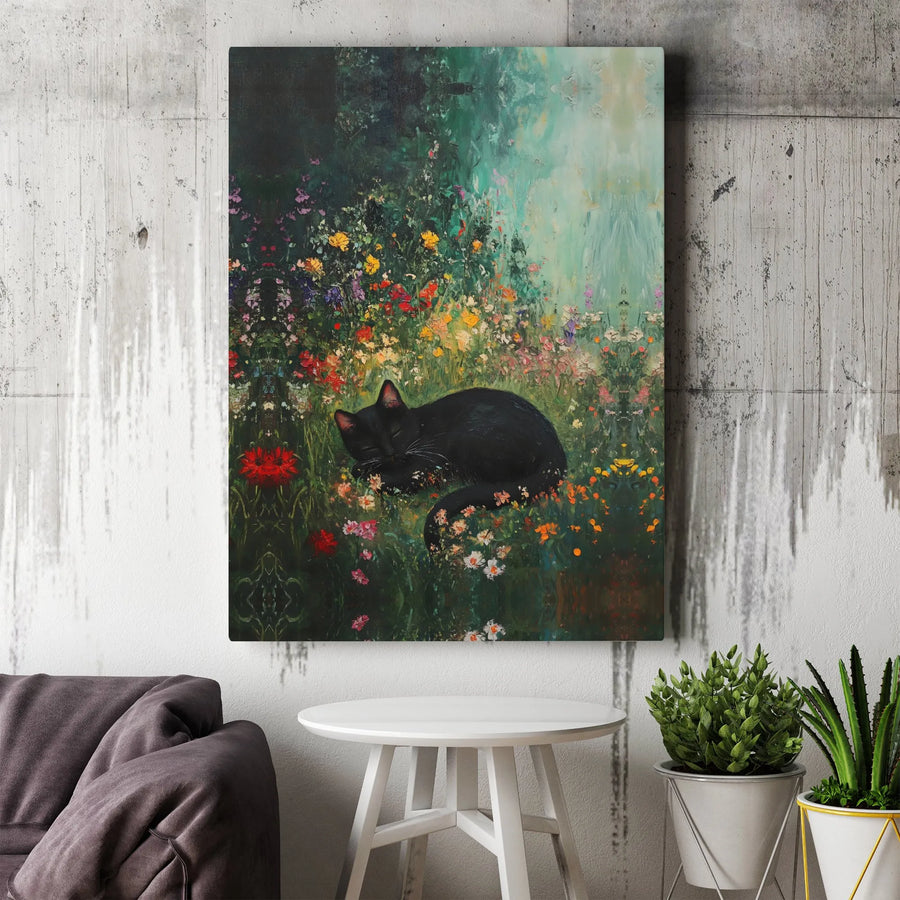 Sleeping Black Cat Canvas Wall Art | Whimsical Wildflower Garden Print | Gallery-Quality 1.25" Profile | Cat Lover Home Decor Gift