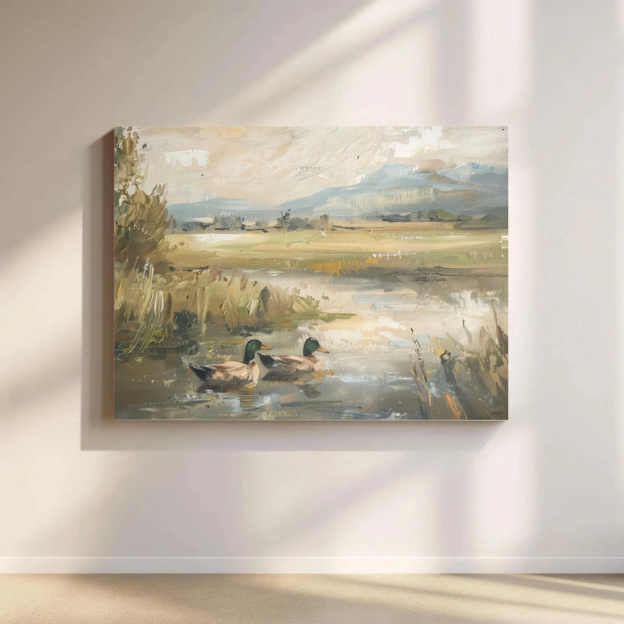 Mallard Duck Canvas Wall Art | Vintage Impressionist Pond Landscape | Premium Gallery Wrap Print | Rustic Nature Decor for Living Room Gift