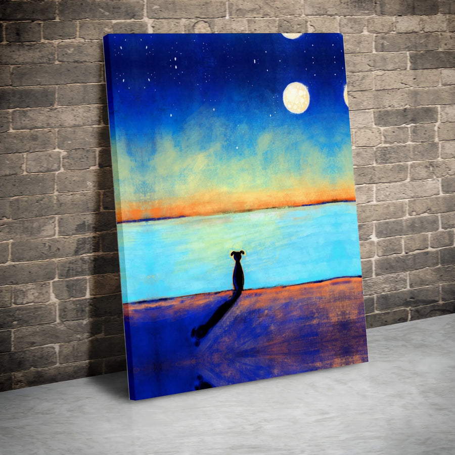 Abstract Dog Canvas Print | Night Sky Moon Over Sea Wall Art | Premium 1.25 Inch Gallery Wrap | Gift For Dog Lovers & Modern Home Decor