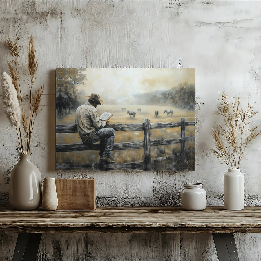 Christian Cowboy Canvas Wall Art | Cowboy Reading Bible on Fence with Horses | Premium Gallery Quality Print | Western Farmhouse Decor Gift for Men