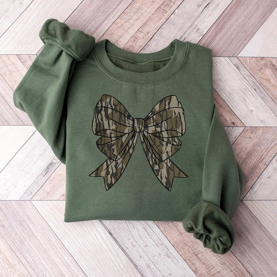Camo Bow Sweatshirt | Trendy Coquette Aesthetic Graphic Print | Premium Cotton Blend Unisex Crewneck | Cute Fall Gift for Women