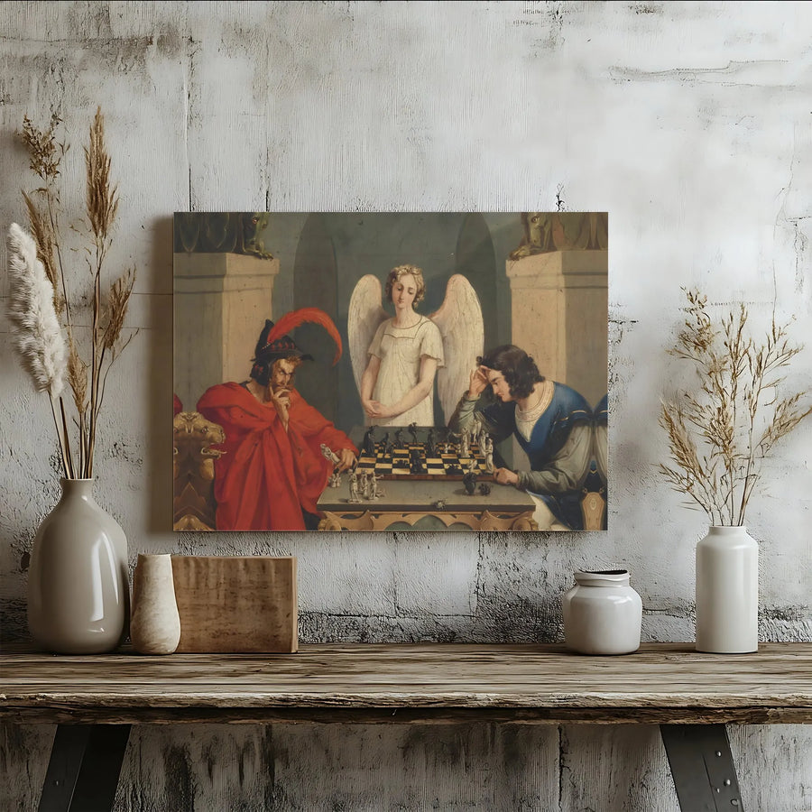 Moritz Retzsch The Chess Players Canvas | Devil and Angel Wall Art | Gallery Wrapped Premium Print | Intellectual Office Decor Gift
