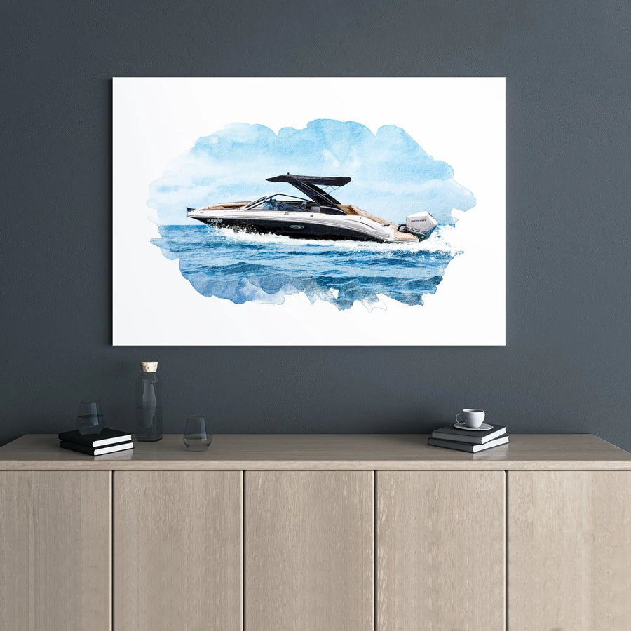 Powerboat Wall Art Canvas | Watercolor Motorboat Painting | Premium Gallery Wrapped Decor | Nautical Gift For Boating Enthusiasts