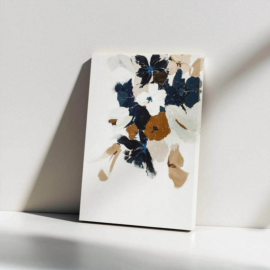 Abstract Floral Canvas Wall Art | Navy and Beige Textured Botanical Print | Premium Thick Gallery Wrap | Modern Living Room Decor Gift