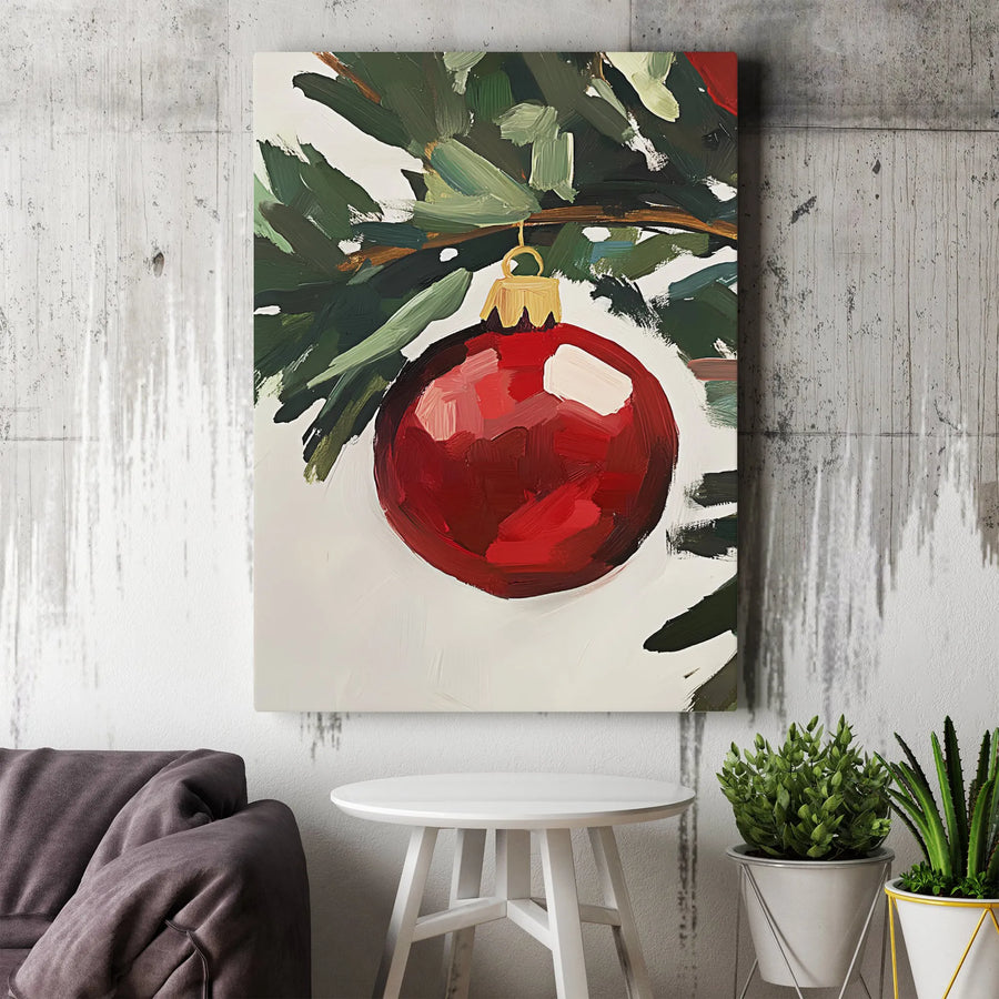 Christmas Ornament Wall Art | Red Bauble Pine Branch Painting | Premium Gallery-Wrapped Canvas | Holiday Home Decor Gift